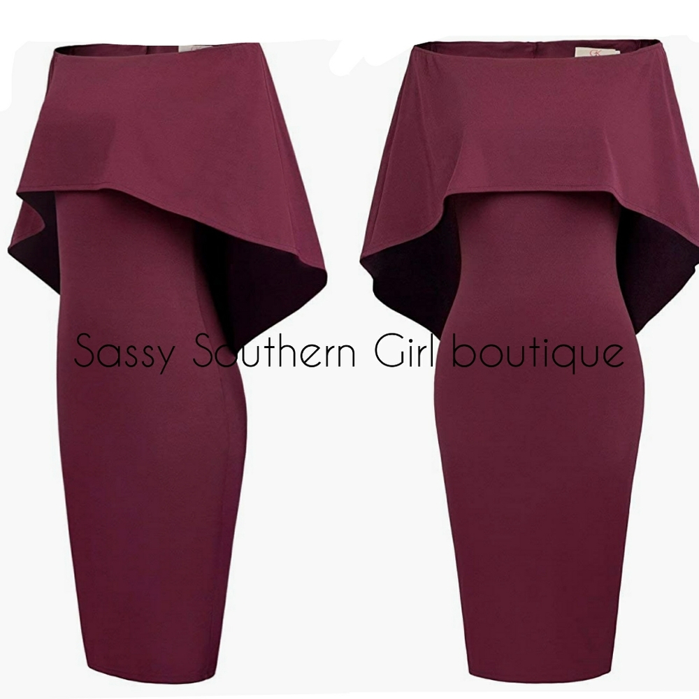 ⭐🆕Wine red off shoulder cape dress - Picture 5 of 7